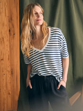 Load image into Gallery viewer, Faherty Linen V-Neck Tee in Ahoy Stripe
